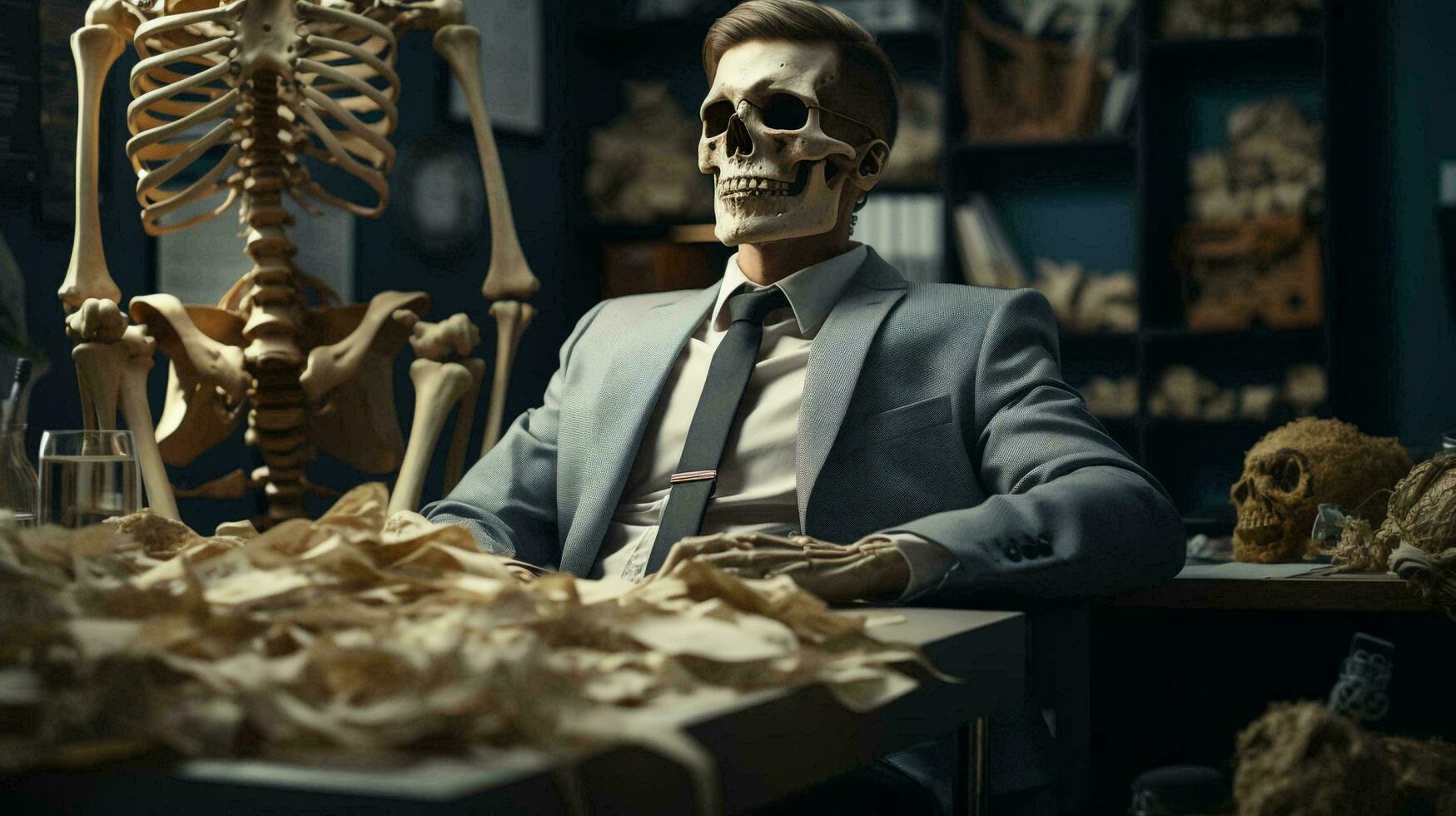 Skeleton businessman at the desk in the office working at the computer. The concept of burnout at work. AI generated photo