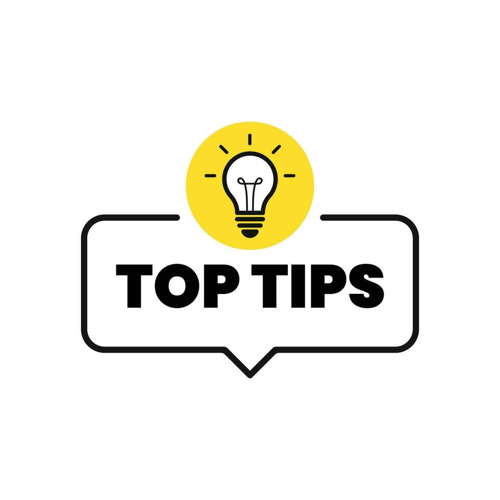 Top tips geometric message bubble with light bulb emblem. Vector illustration.