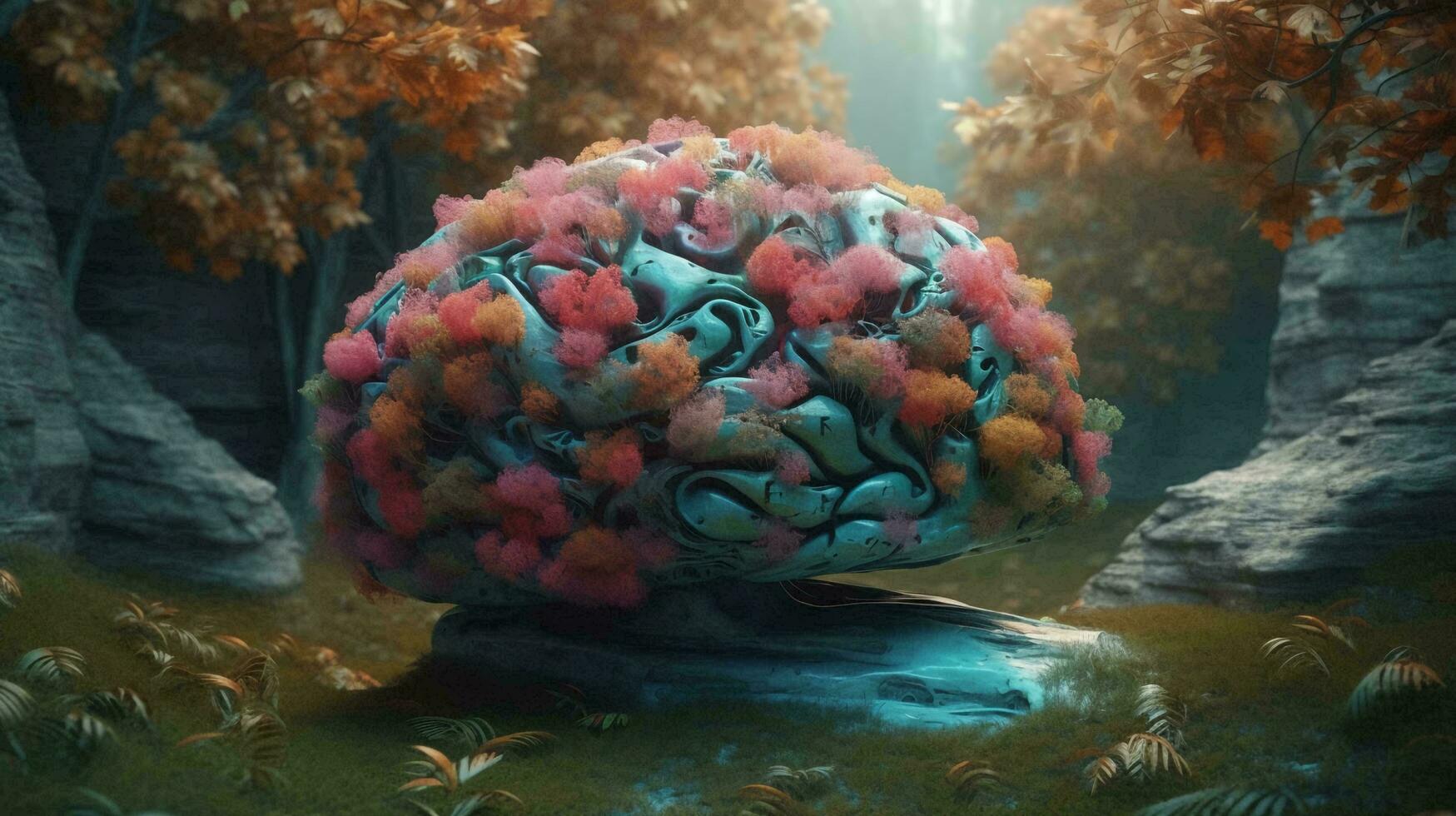 Abstract human brain made in the form of leaves and natural trees and plants. The concept of the unity of man and the nature of the environment. AI generated photo