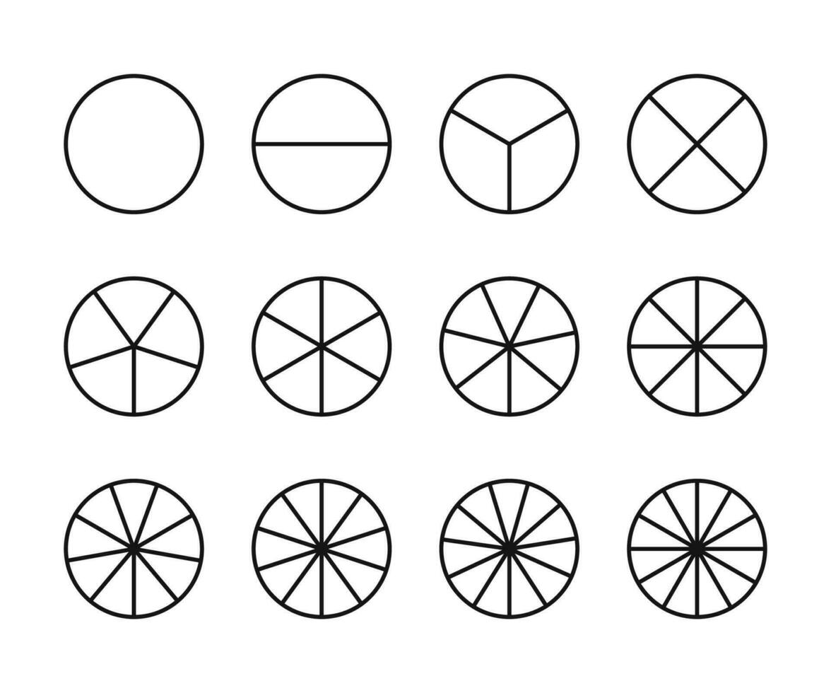Circles divided in segments from 1 to 12. Segment slice icons set. Vector round 12 section. Pie charts icon.