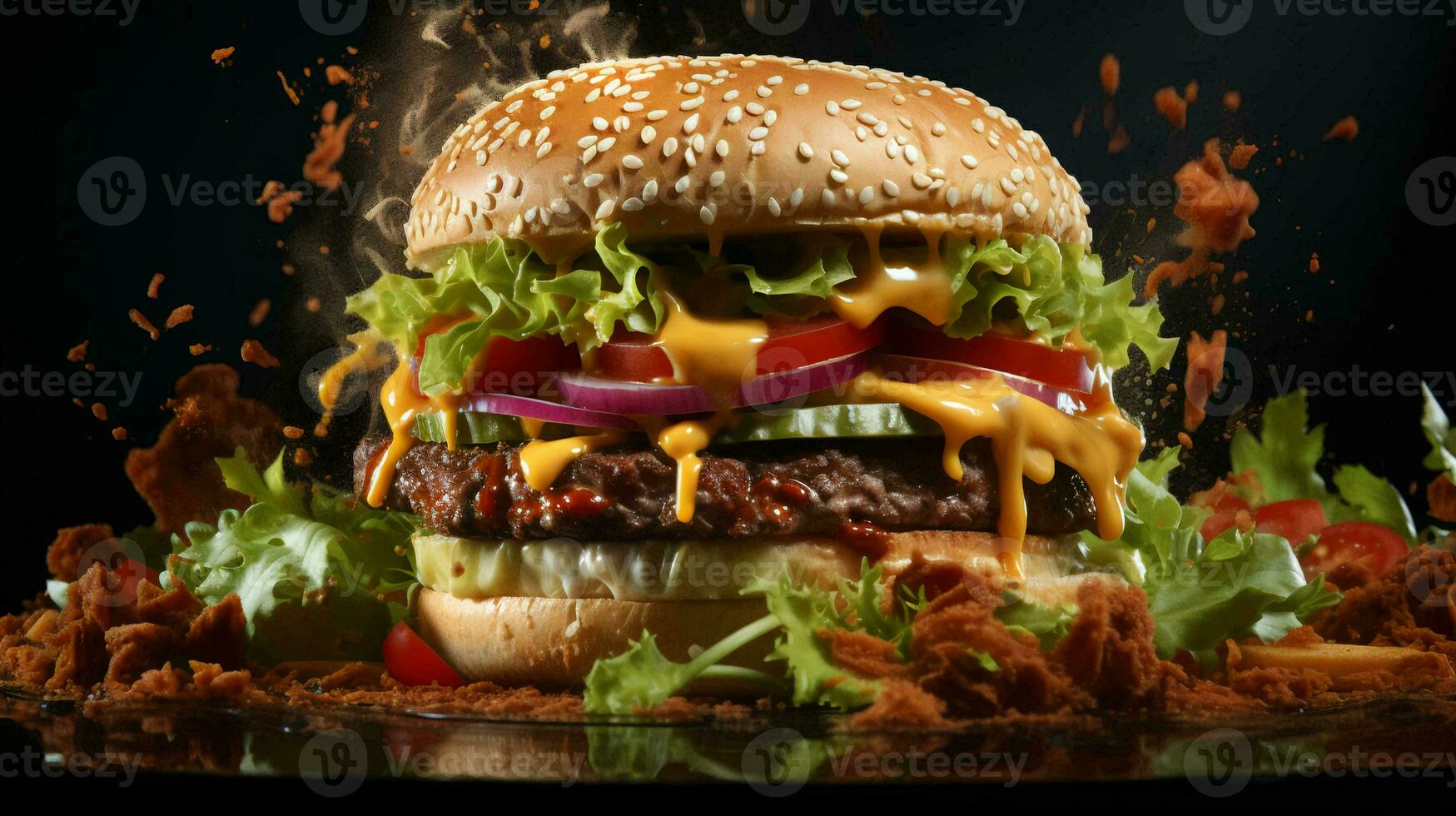 Delicious juicy burger with meat beef cutlets and cheese with greens with sesame seed buns. Fast food. AI generated photo