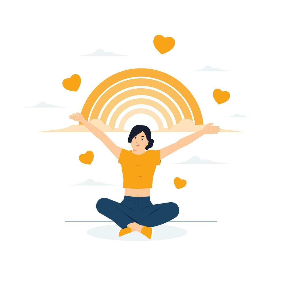 Happy young woman sit with open arms stretched out in lotus pose, the rainbow, creates good vibe around her, enjoys freedom and life. Body positive and health care concept illustration vector