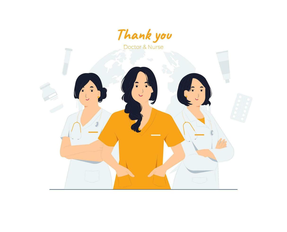 Female doctors and nurses in white coat with stethoscope, Group of hospital medical staff standing together with arms crossed. physicians, surgeon, paramedics, Front line heroes concept illustration vector