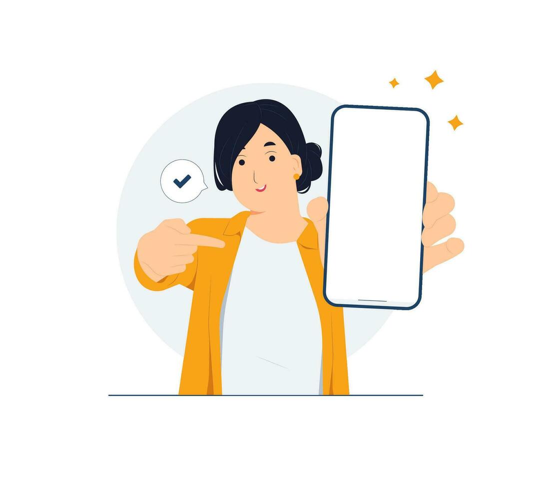 Excited woman showing blank empty mobile smart phone with copy space and pointing his index finger close up on it concept illustration vector