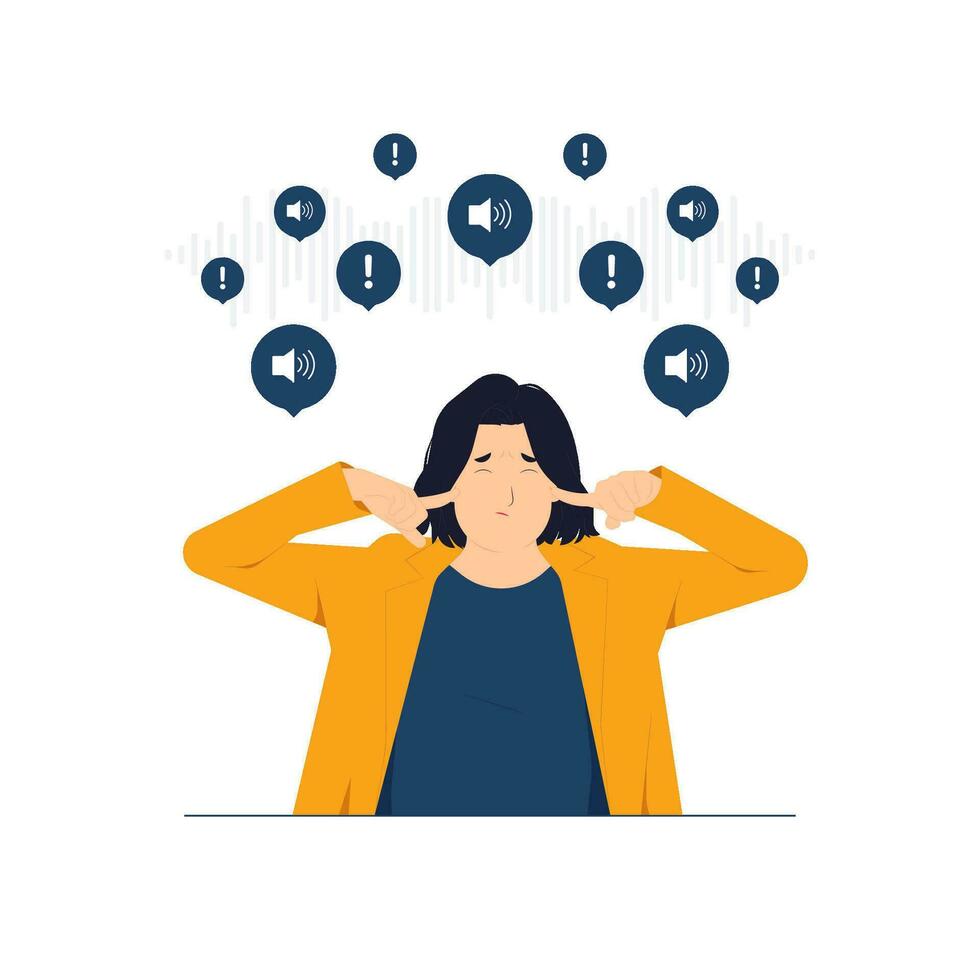 Stubborn annoyed woman sticking plug fingers in ears not listening to loud noise sound, frustrated depressed, Noisy, stressful concept illustration vector