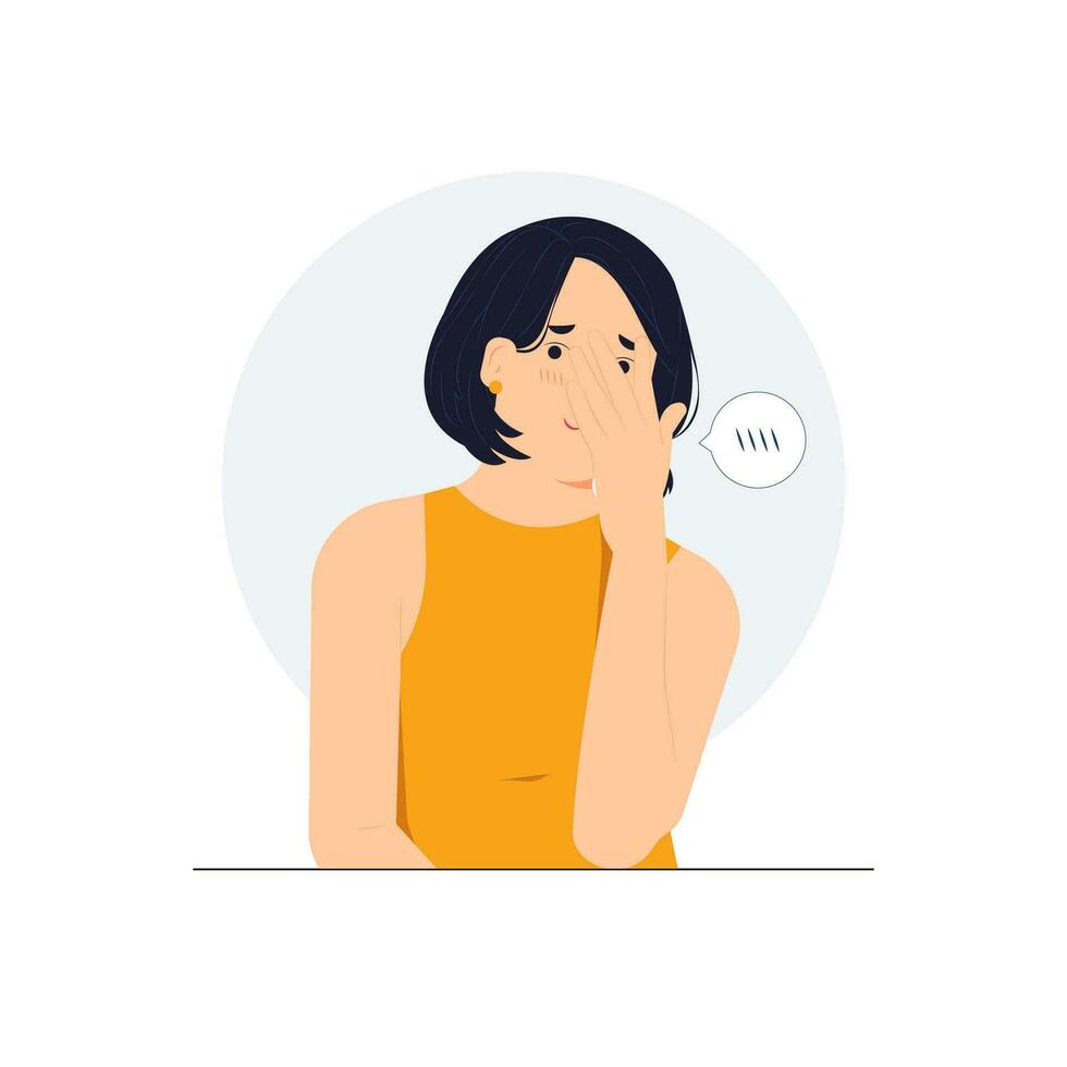Timid embarrassed woman hiding covering the face with hands and peeking through, embarrassment and shame, feeling shy concept illustration vector