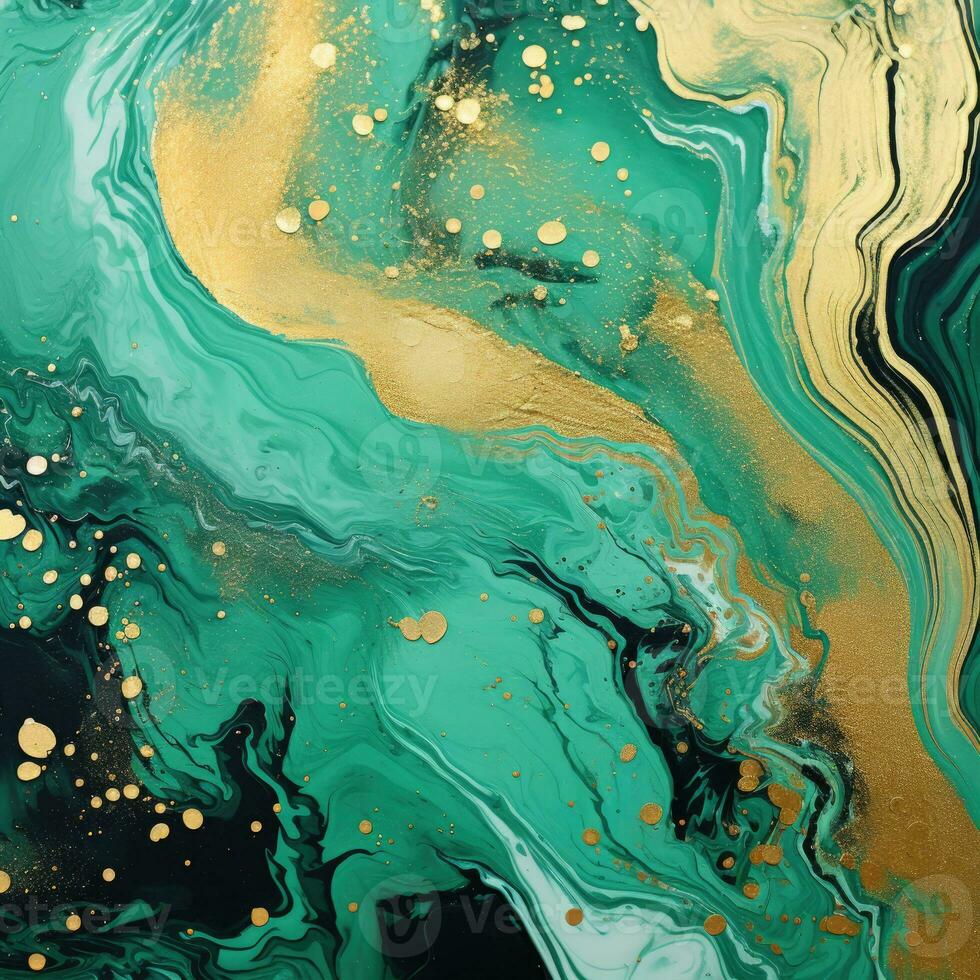 Green marble watercolor background. Fluid art with gold stripes and glitter dust. Alcohol ink texture. Modern template for banner, poster, digital design. AI generated photo