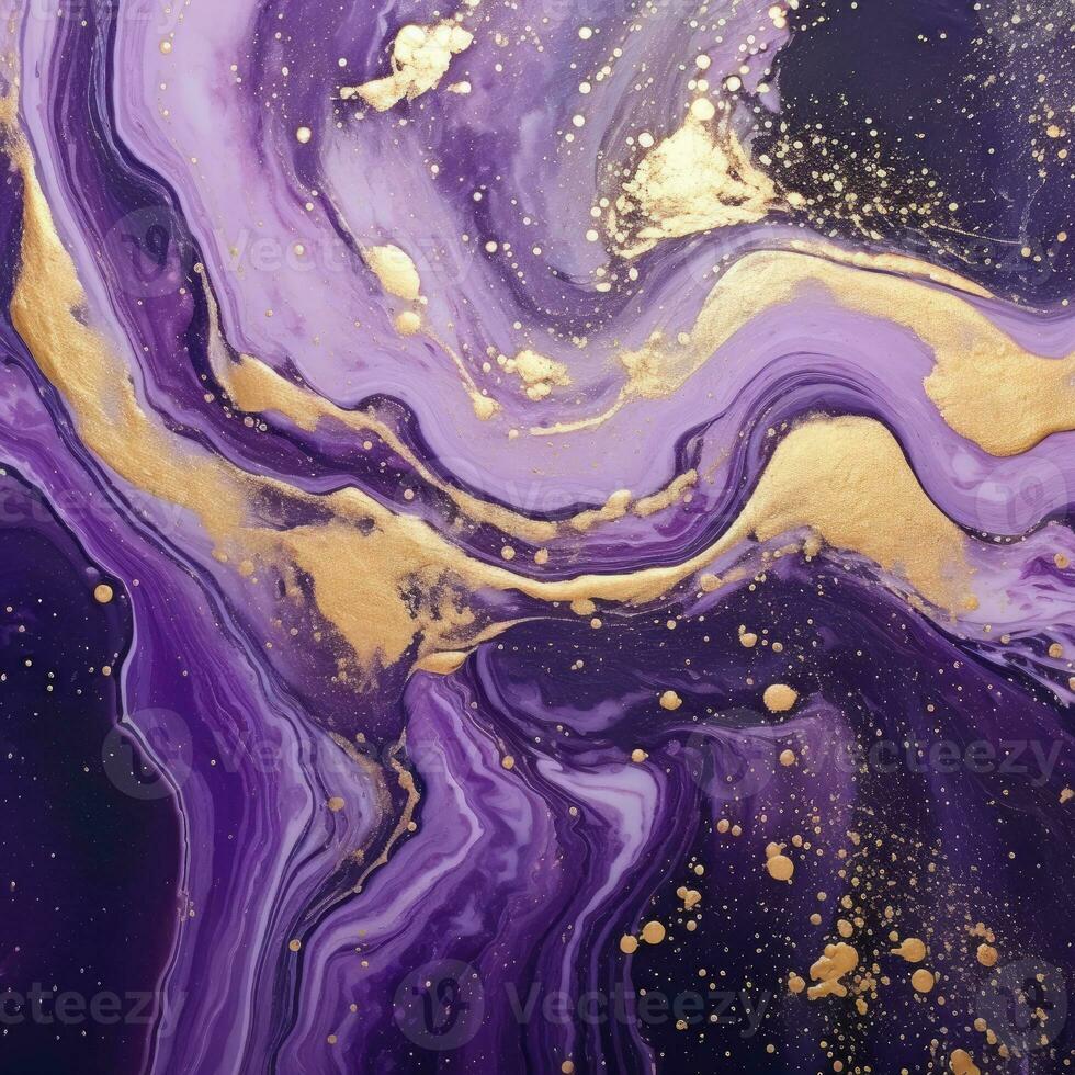 Purple marble watercolor background. Fluid art with gold stripes and glitter dust. Alcohol ink texture. Modern template for banner, poster, digital design. AI generated photo