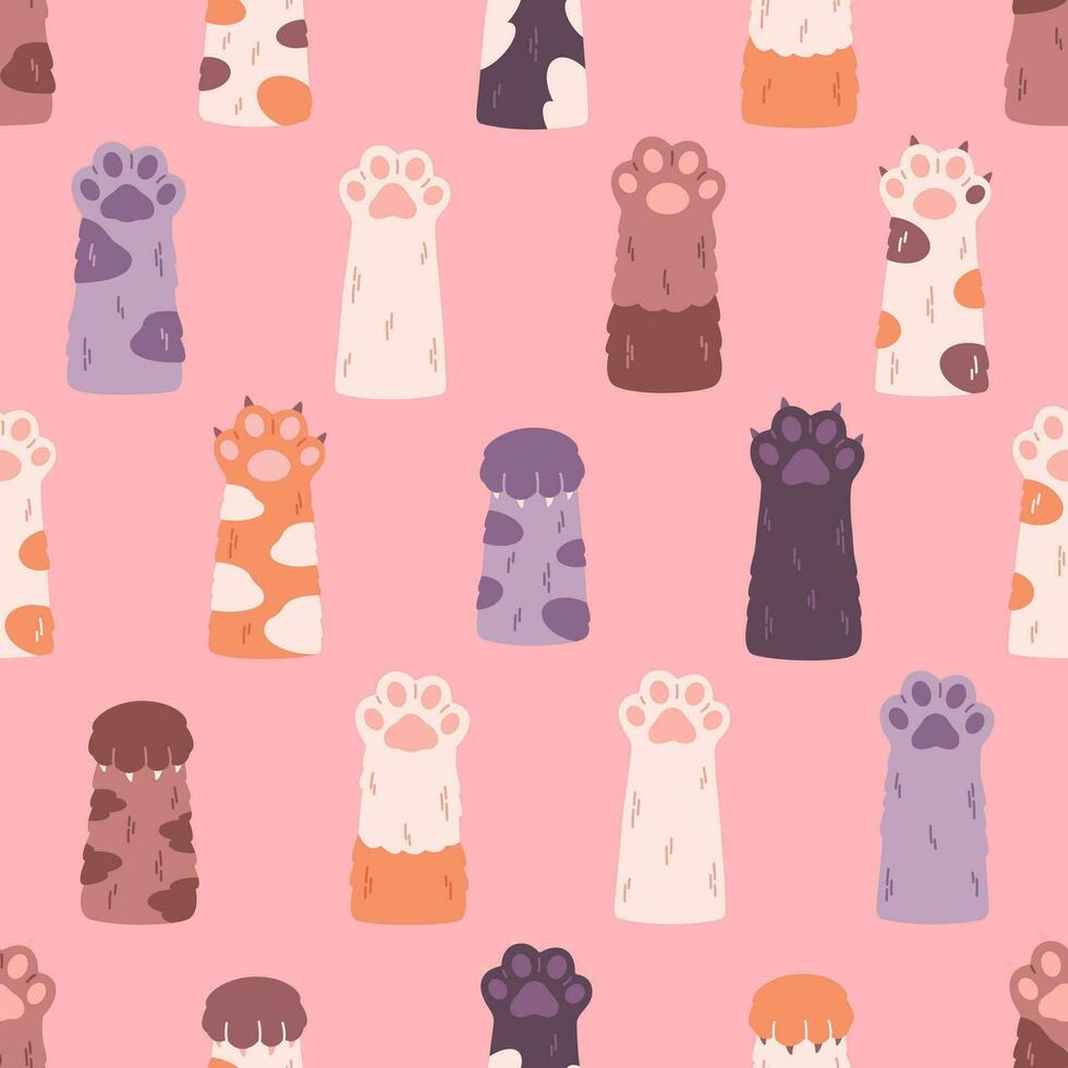 Cute cats paws seamless pattern. Different funny pet paws with claws, animals hands. vector