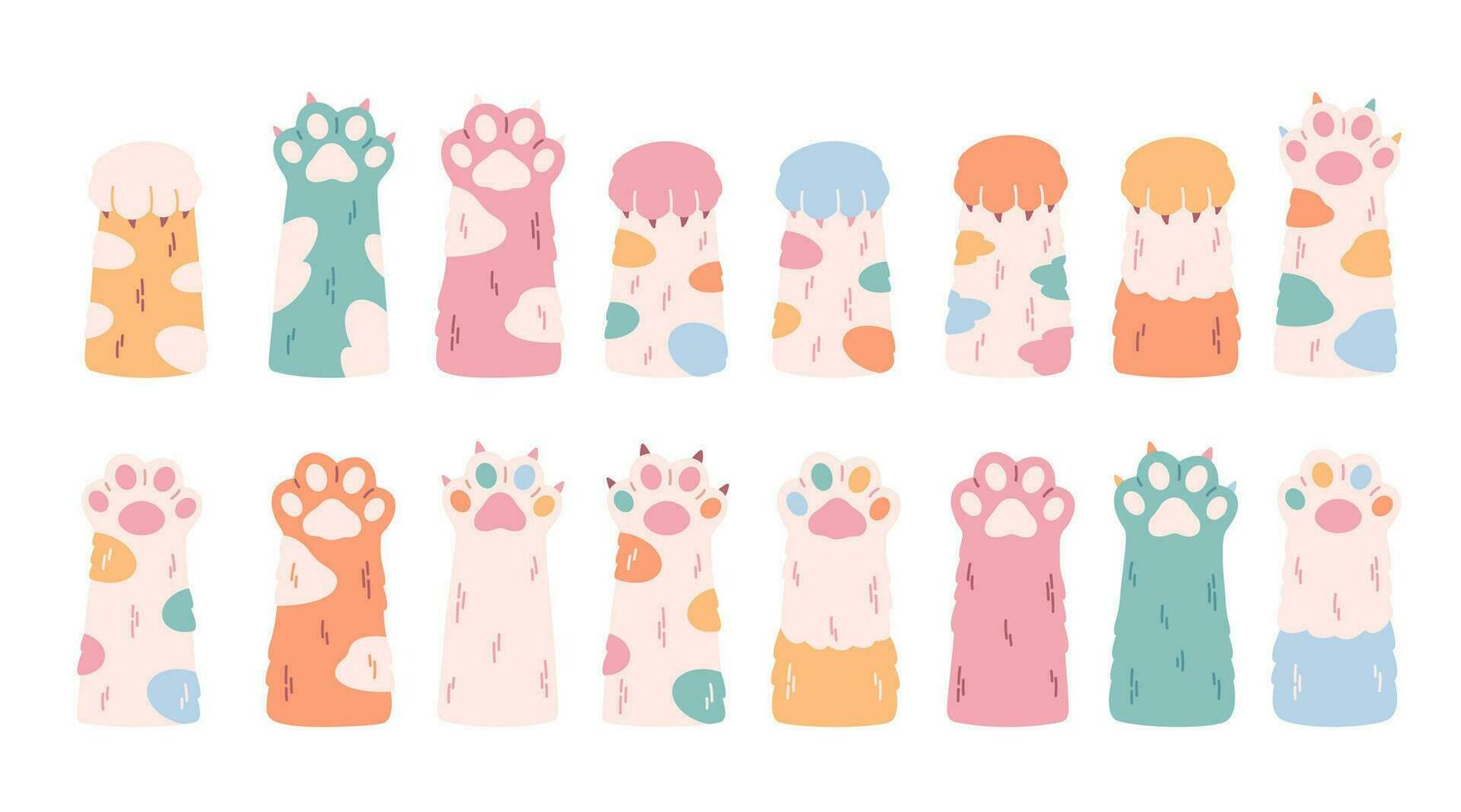 Cute colorful cats paws collection. Different funny pet paws with claws, animals hands. vector
