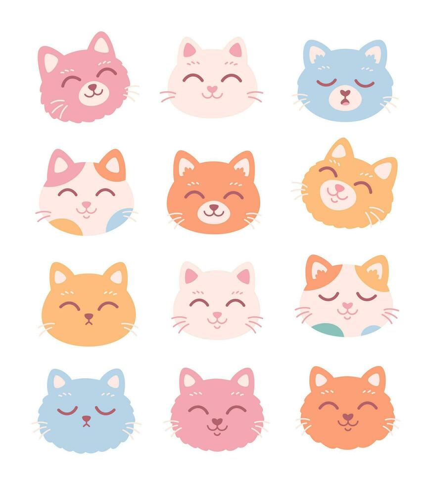 Collection of Cat faces. Cute colorful cat characters with different emotions and facial expressions. vector