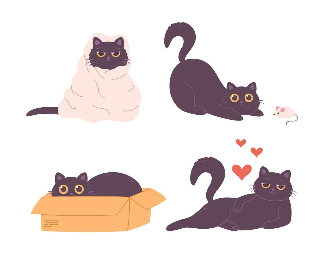 Black cat characters playing, sleeping, sitting in box, falling in love. Domestic cat, feline activities. vector