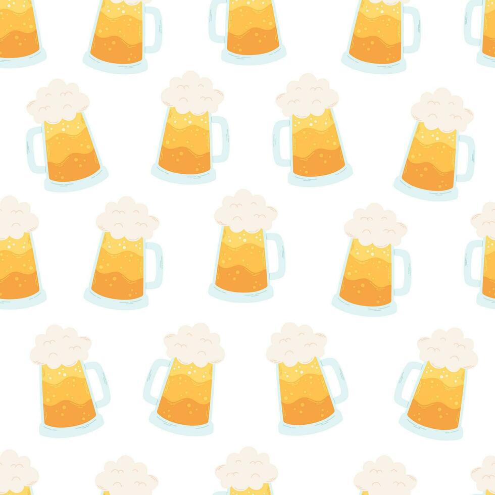 Beer mug with foam seamless pattern. Alcohol drink. vector
