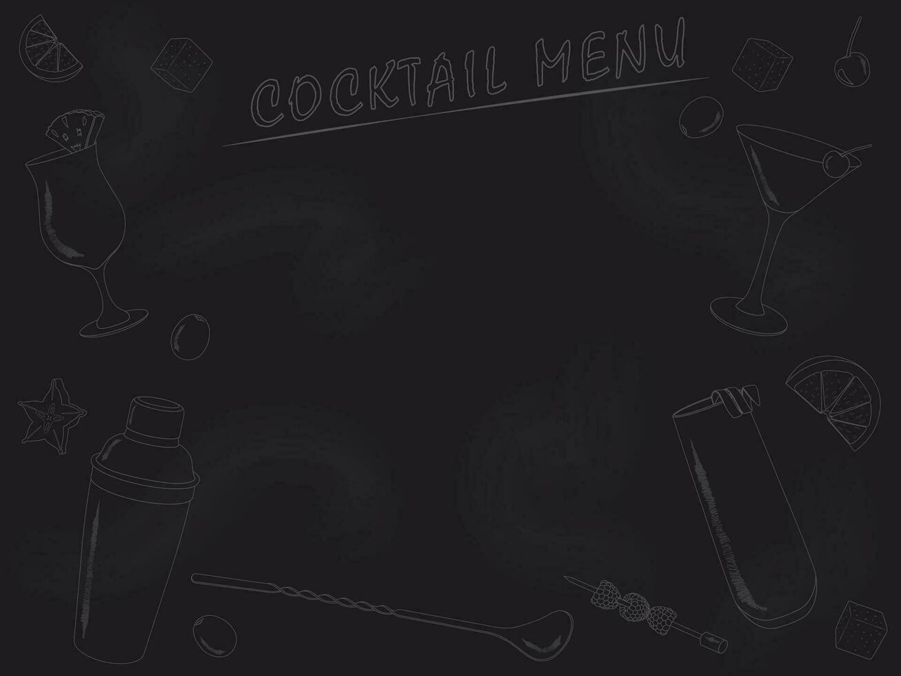 Cocktails menu with beverage contours and copy space drawn on blackboard vector illustration