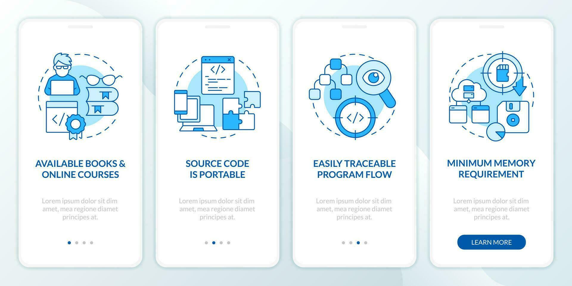 Procedural programming benefits blue onboarding mobile app screen. Walkthrough 4 steps editable graphic instructions with linear concepts. UI, UX, GUI template vector