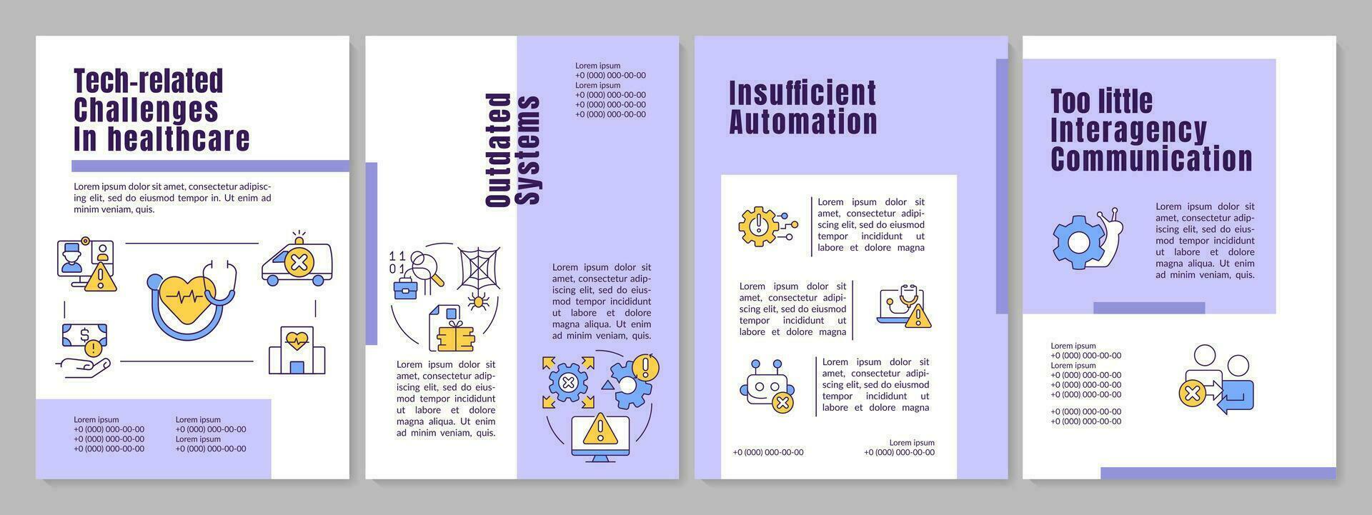 Tech challenges in healthcare purple brochure template. Leaflet design with linear icons. Editable 4 vector layouts for presentation, annual reports