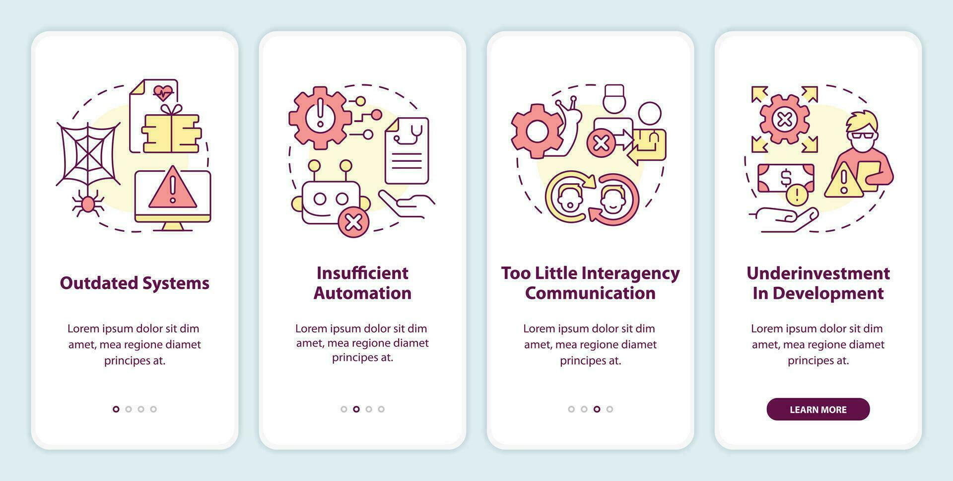 Tech challenges in public health system onboarding mobile app screen.Walkthrough 4 steps editable graphic instructions with linear concepts. UI, UX, GUI template vector