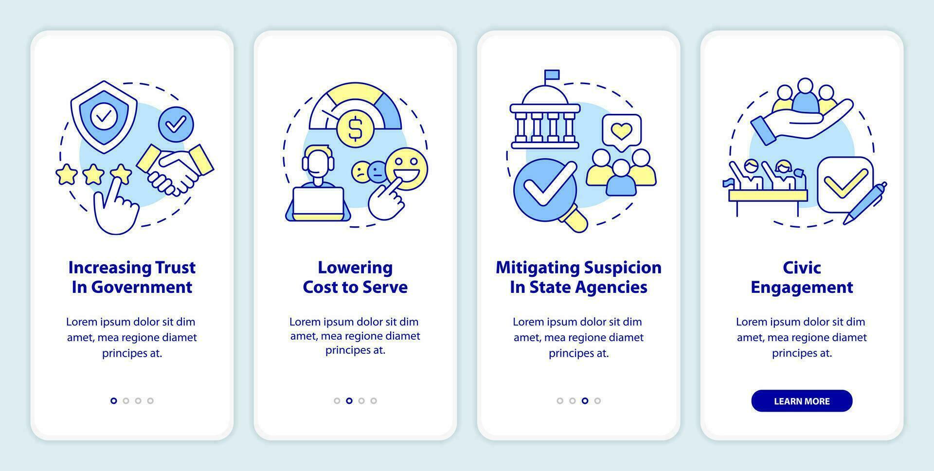 Public service delivery changes onboarding mobile app screen. Walkthrough 4 steps editable graphic instructions with linear concepts. UI, UX, GUI template vector