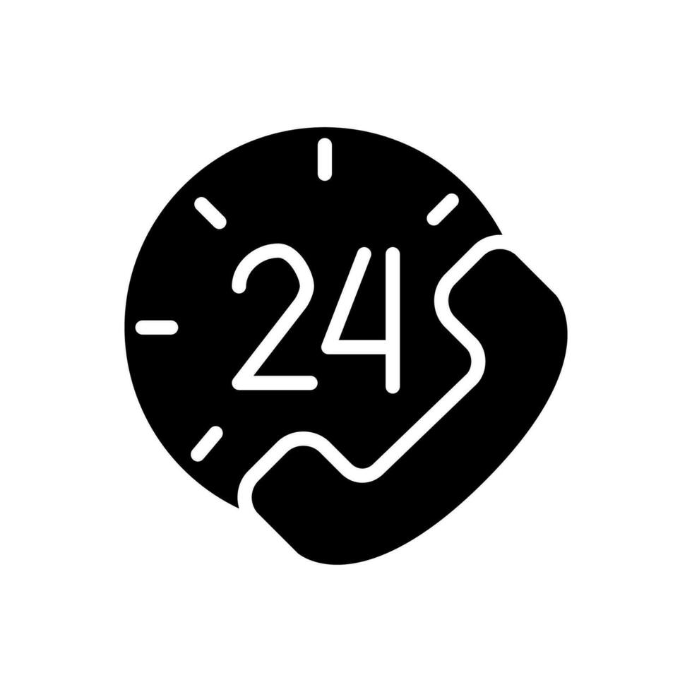 Round-the-clock support black glyph icon. 24 hour call answering service. Helping customers. Call center availability. Silhouette symbol on white space. Solid pictogram. Vector isolated illustration