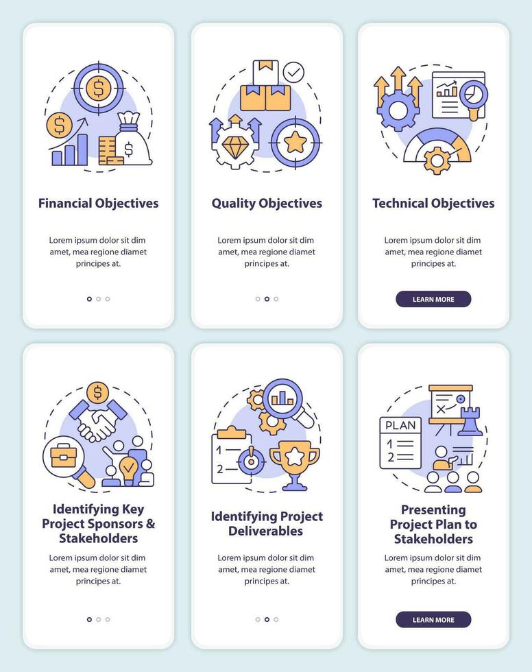 Project management processes onboarding mobile app screens set. Walkthrough 3 steps editable graphic instructions with linear concepts. UI, UX, GUI template vector