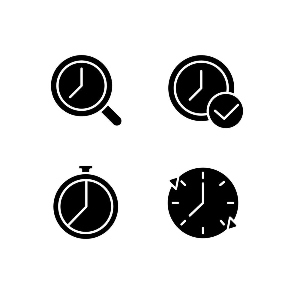 Time management black glyph icons set on white space. Deadline approval. Countdown timer. Period. Magnifying glass with clock. Silhouette symbols. Solid pictogram pack. Vector isolated illustration
