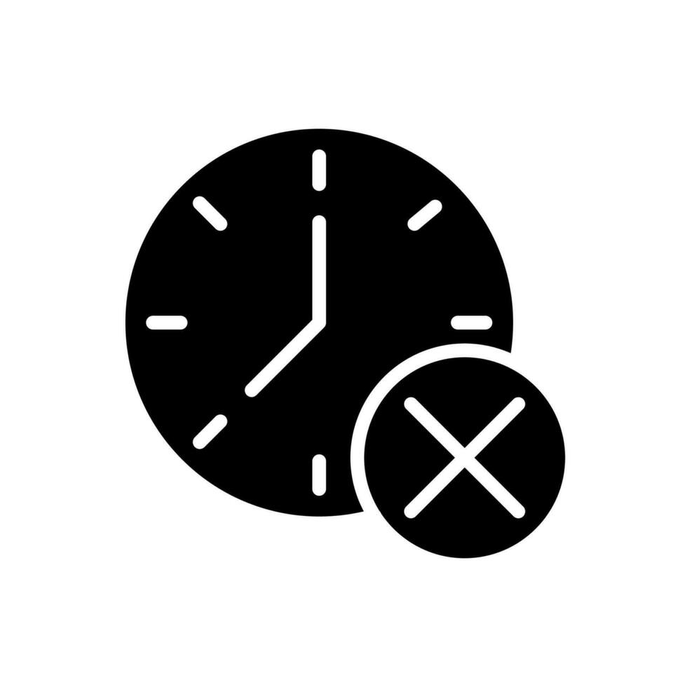 Clock with cross mark black glyph icon. Digital watch with x sign. Canceling appointment. Delete alarm. Turn off. Silhouette symbol on white space. Solid pictogram. Vector isolated illustration