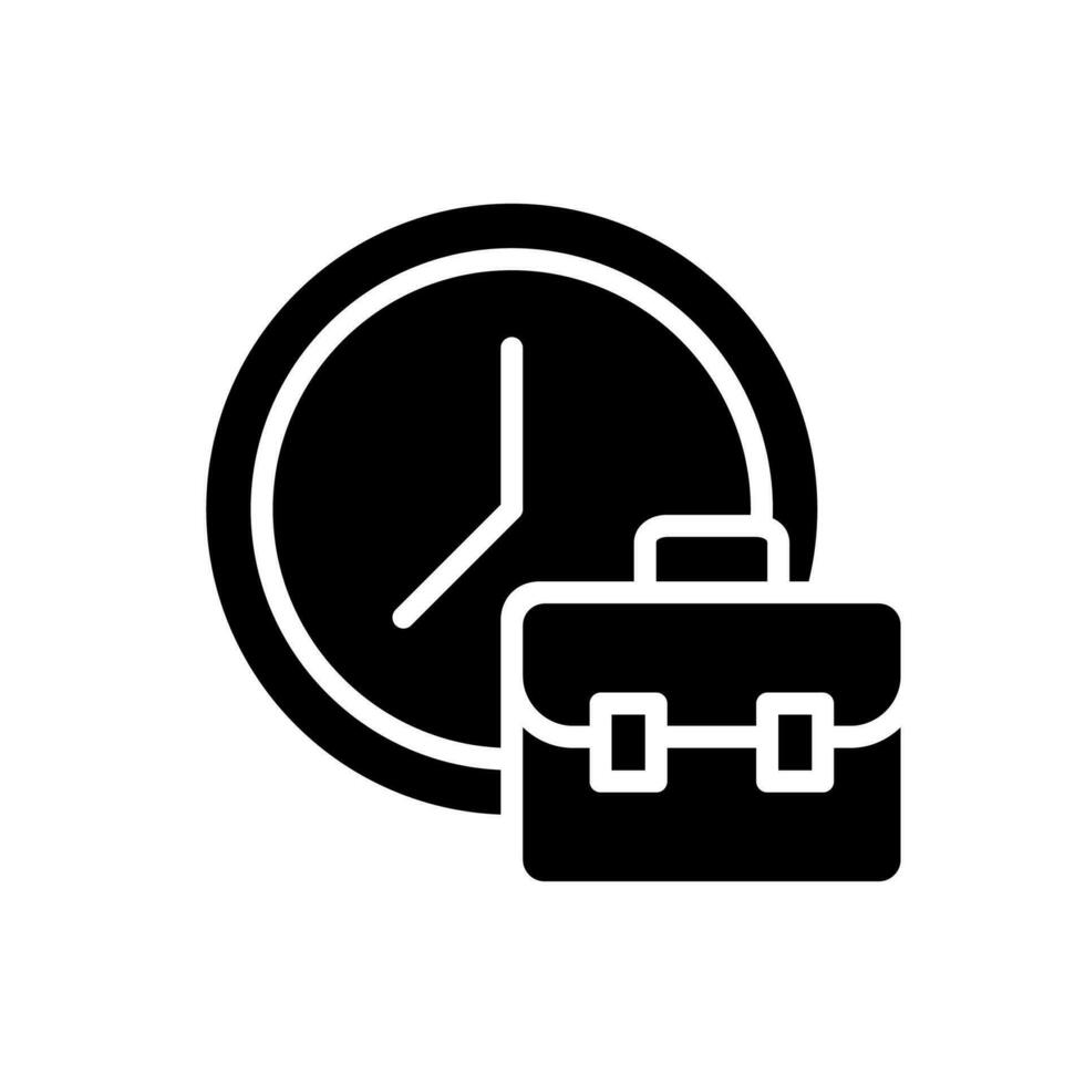 Working hours black glyph icon. Employment duration. Full-time employee. Work schedule. Business day. Workday period. Silhouette symbol on white space. Solid pictogram. Vector isolated illustration