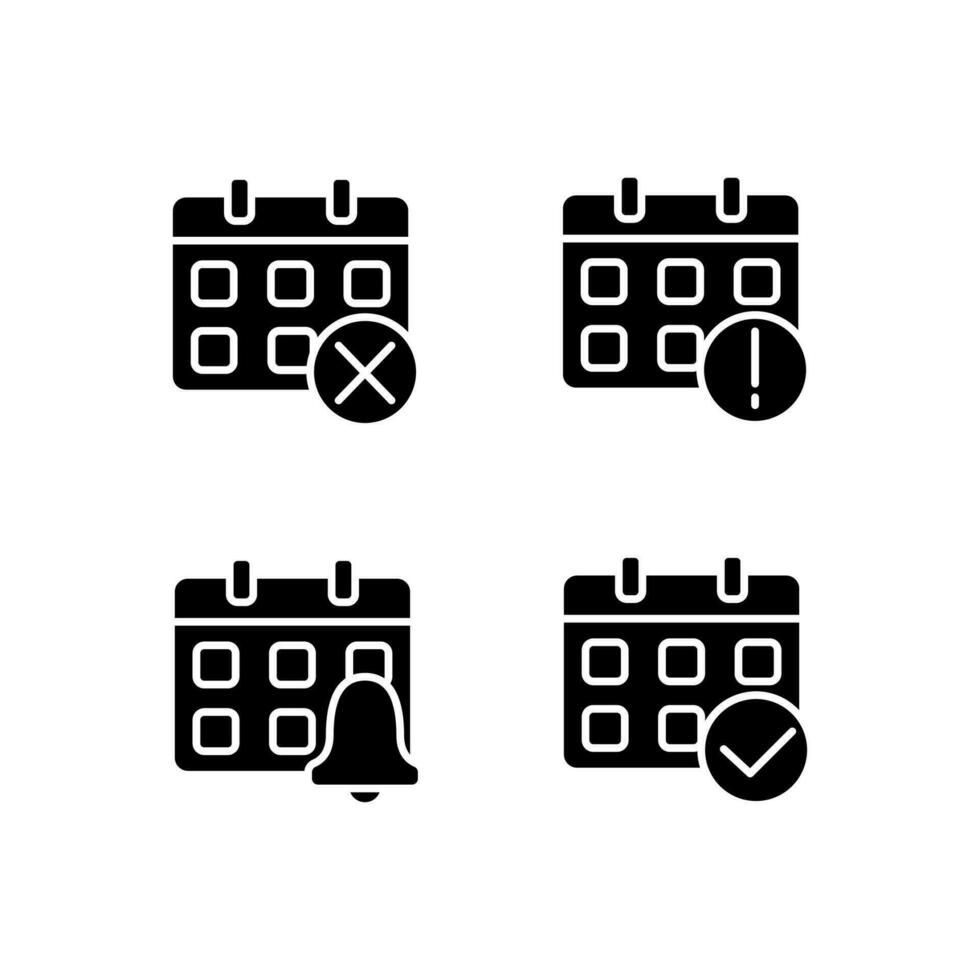 Calendar app management black glyph icons set on white space. Digital meeting reminder. Daily schedule. Upcoming activities. Silhouette symbols. Solid pictogram pack. Vector isolated illustration