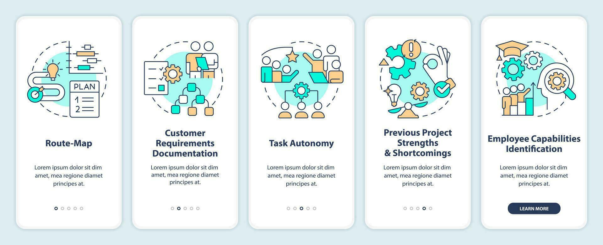 Project planning benefits onboarding mobile app screen. Business walkthrough 5 steps editable graphic instructions with linear concepts. UI, UX, GUI template vector