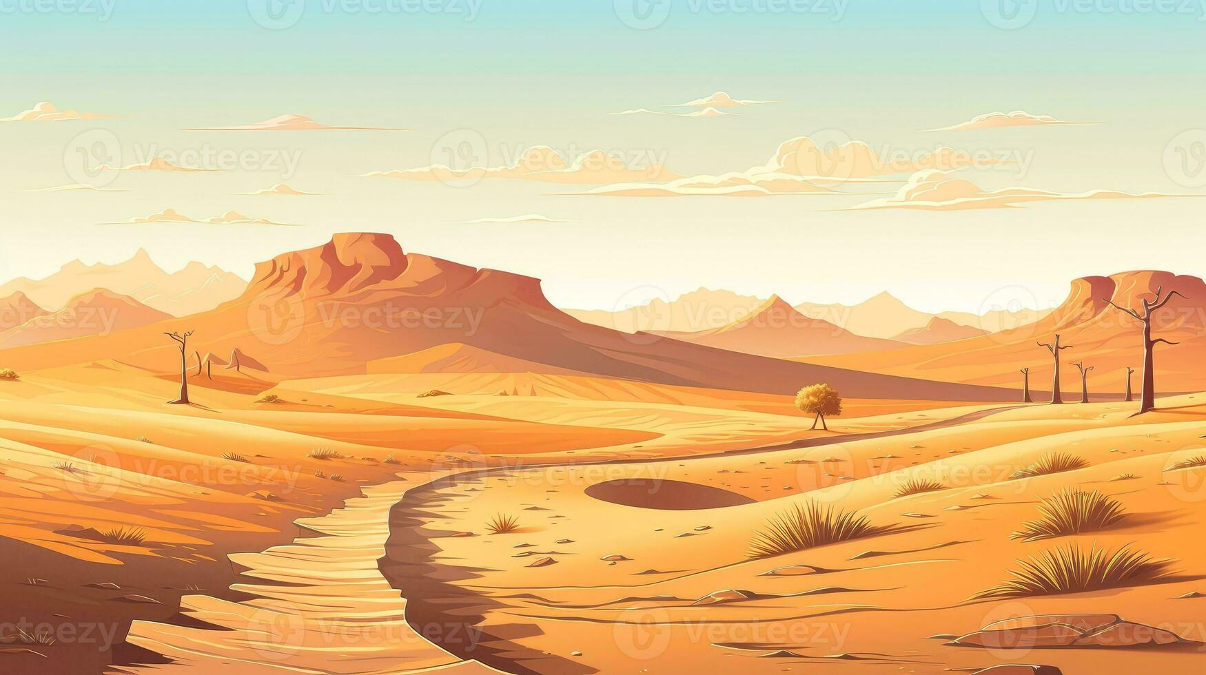 Desert landscape with sand road, A long straight dirt road disappears into the distant, cartoon style, Generative AI illustration photo