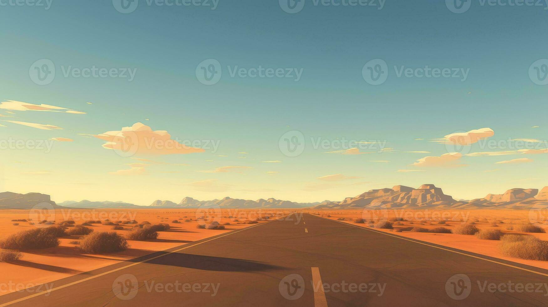 Desert landscape with sand road, A long straight dirt road disappears into the distant, cartoon style, Generative AI illustration photo