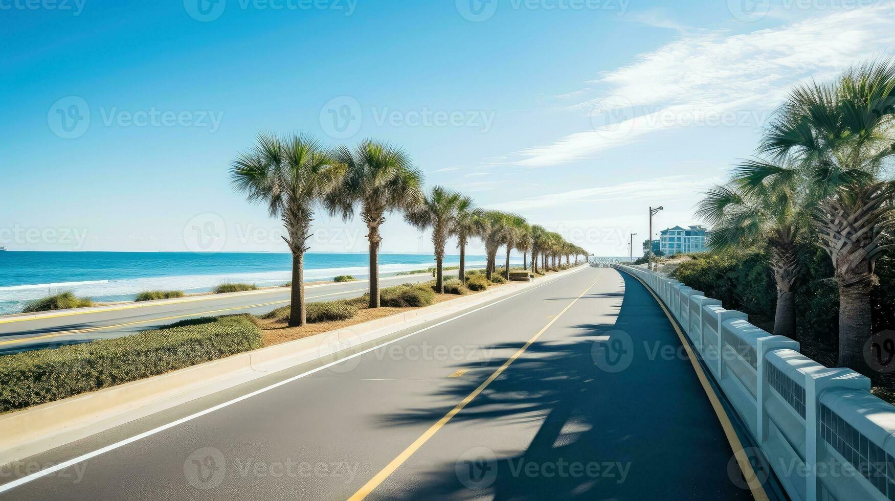 Empty asphalt road beside the sea background, highway beside the sea, outdoors horizontal image, Generative AI illustration photo