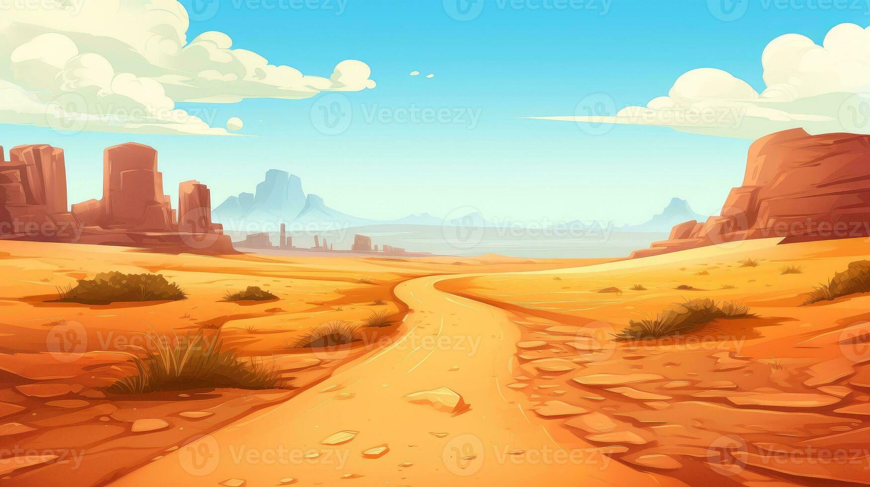 Desierto paisaje con arena camino, un largo Derecho suciedad la carretera desaparece dentro el distante, dibujos animados estilo, generativo ai ilustración foto