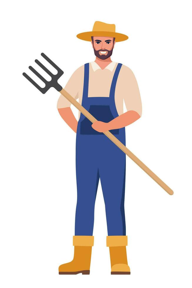 Farmer holding pitchfork in hand. Farmer standing with spade. Farming work, gardening. Agricultural worker with garden tool. Gardener, agronomist. Vector illustration.
