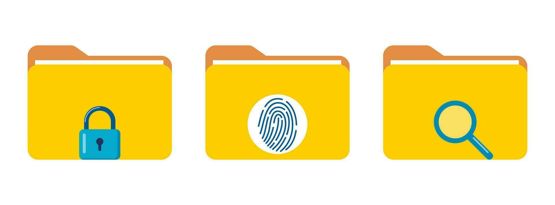 Folder with search icon, magnifying glass, lock and finger print protection, id authentication icon. Set of computer file folder symbols. Vector illustration.