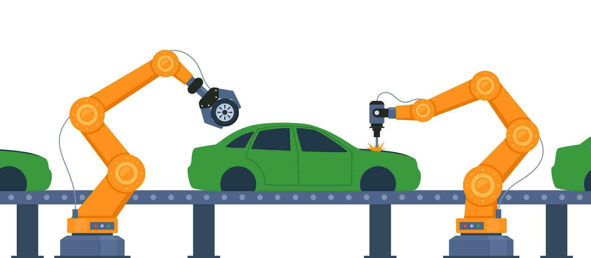 Process of automated car production. Wehicle parts on the machinery line with robotic hands. Assembly line at an automobile factory. Vector illustration.