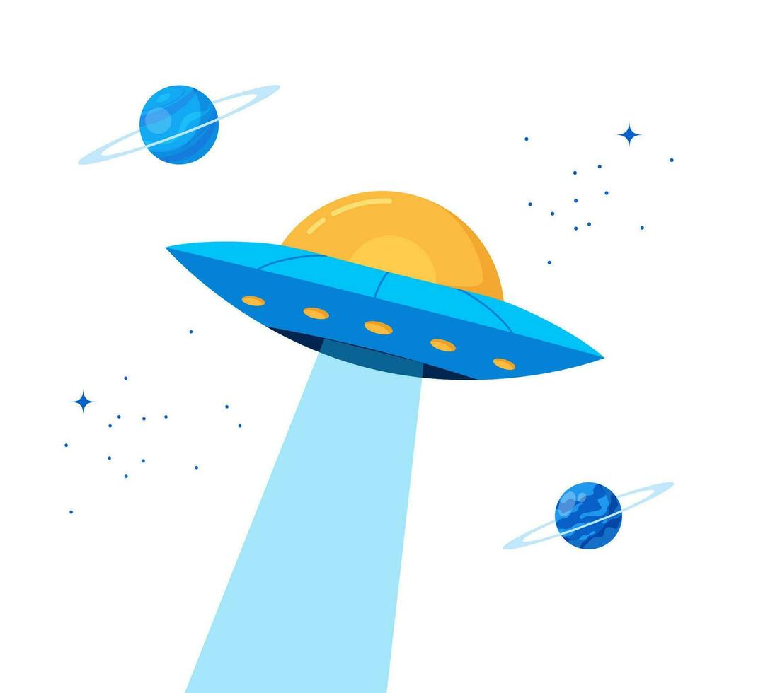 póster con volador platillo y planetas espacio. planetas, estrellas y cometas en dibujos animados estilo. vector ilustración.