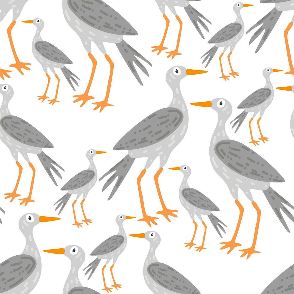 Seamless pattern in the form of cute herons. Funny hand-drawn animals. Creative children's background in Scandinavian style. Vector illustration of a swamp. Heron on white