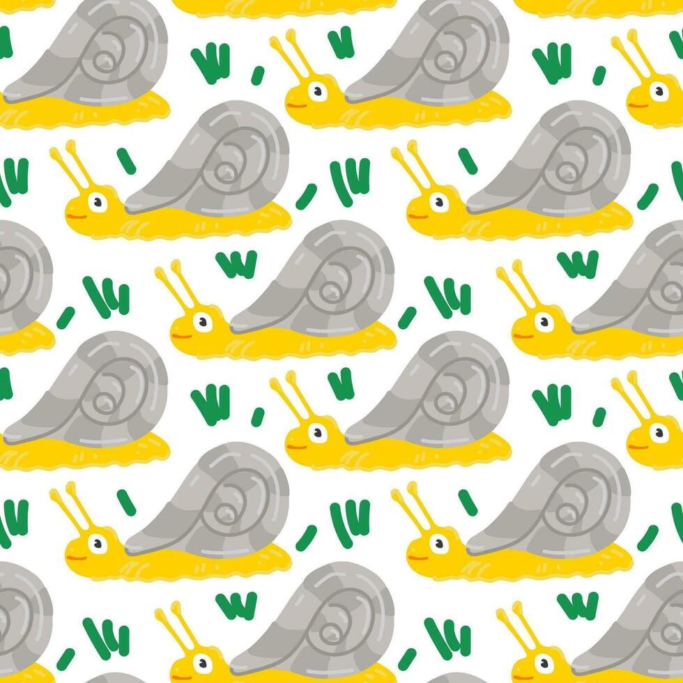 Seamless pattern in the form of cute snails. Funny hand-drawn animals. Creative children's background in Scandinavian style. Vector illustration. Snail on white