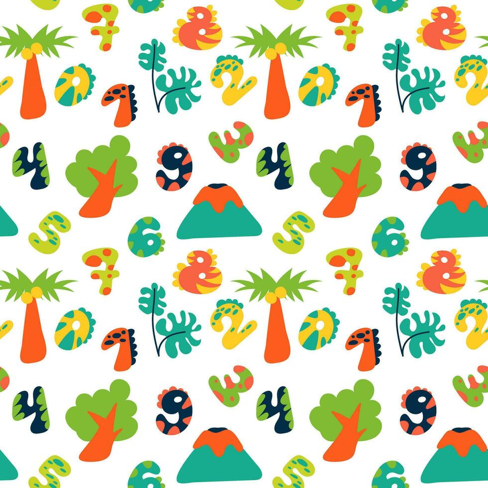Tropical pattern with cartoon elements and dino numbers. Children's bright leaves, trees, palm trees, volcanoes and numbers in bright color. Seamless baby texture for printing on textiles and paper vector