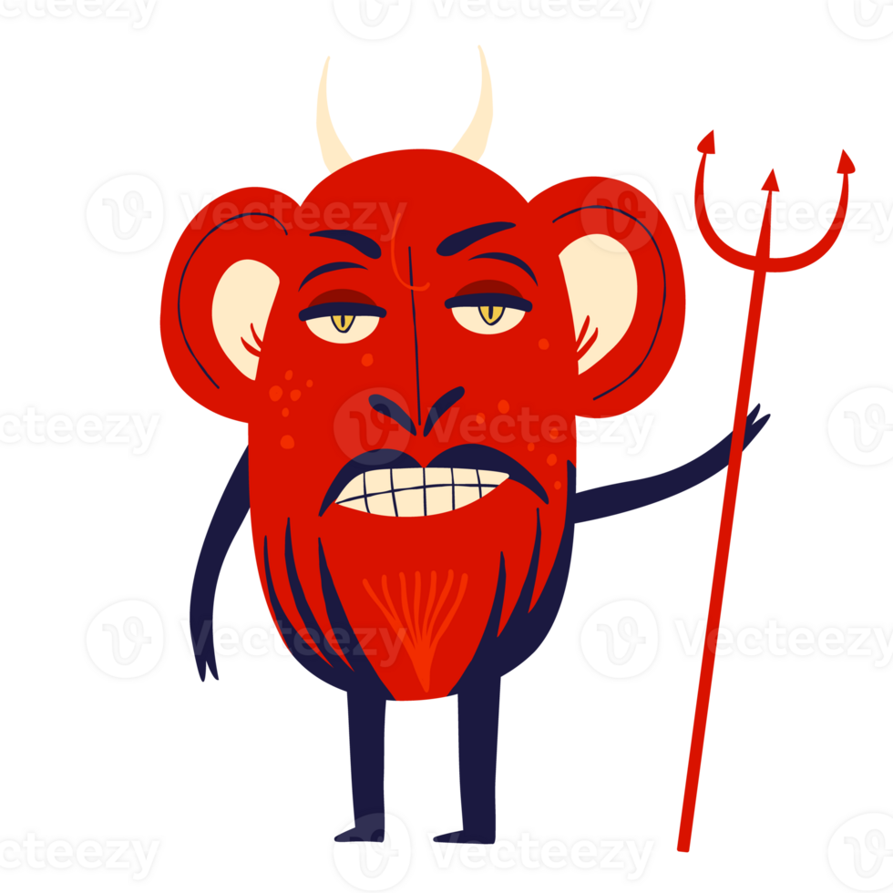 Red devil with a trident. Strange ugly Halloween characters. Cute bizarre comic characters in modern flat hand drawn style png