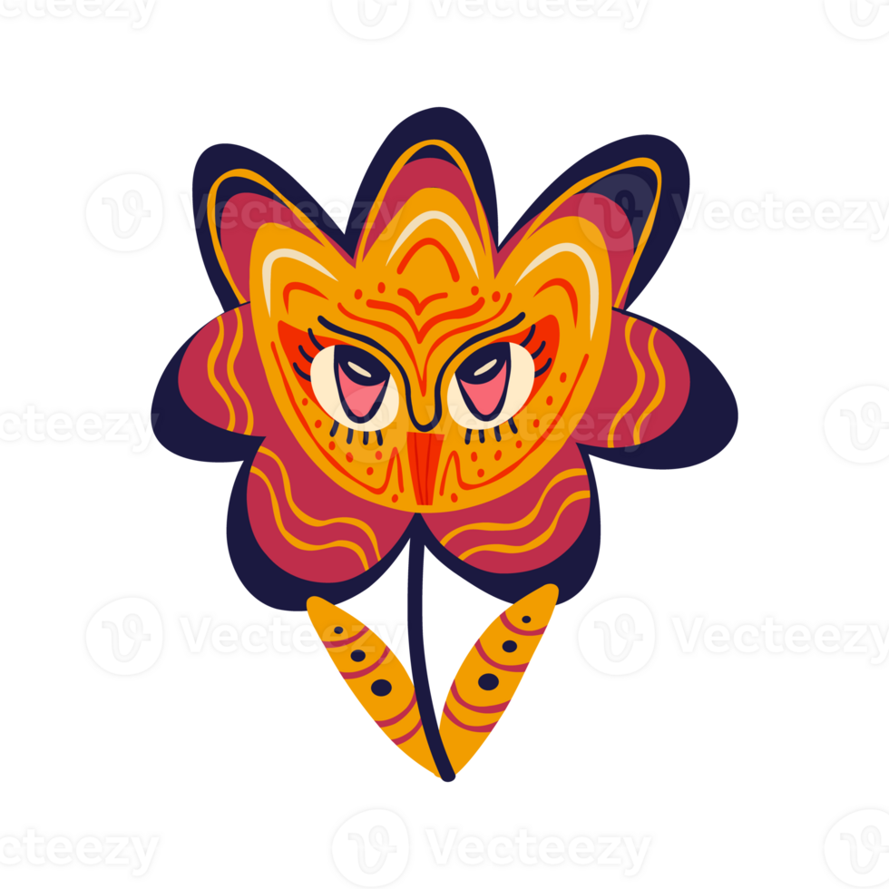 Vibrant bright Strange kawaii flower. Cute bizarre comic characters in modern flat hand drawn style png