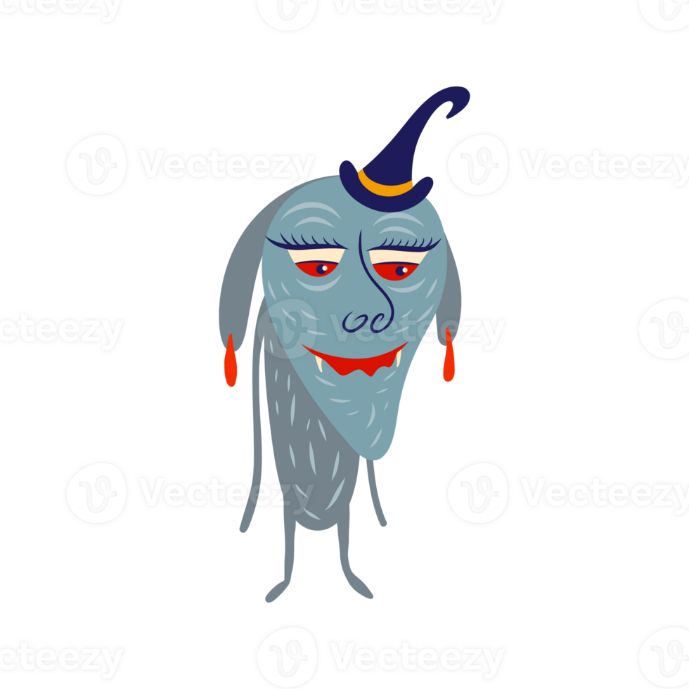 A bizarre strange forest witch in a hat and a funny surprised face. Cute Halloween character png