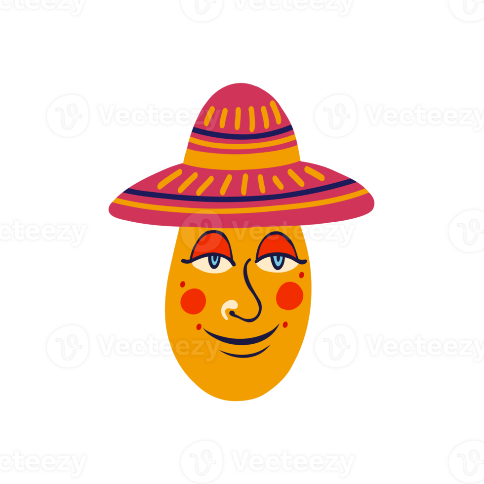 funny kind character in Mexican hat. Strange ugly Halloween character. Cute bizarre comic demon in modern flat hand drawn style png