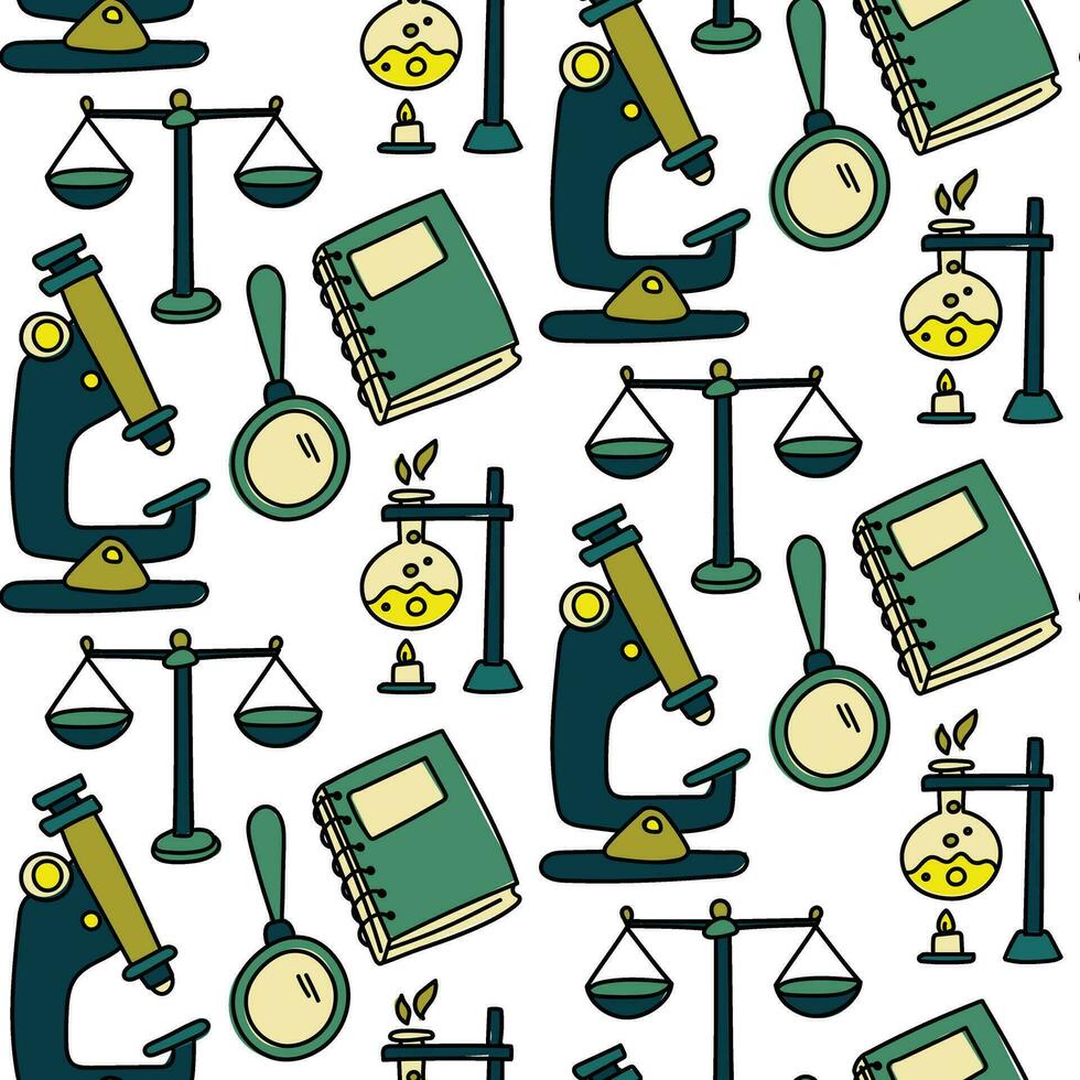 Seamless pattern with badges in the field of natural sciences chemistry, biology, physics, laboratories demonstrating various experiments, glassware, Notepad, Magnifier, microscope, scales vector