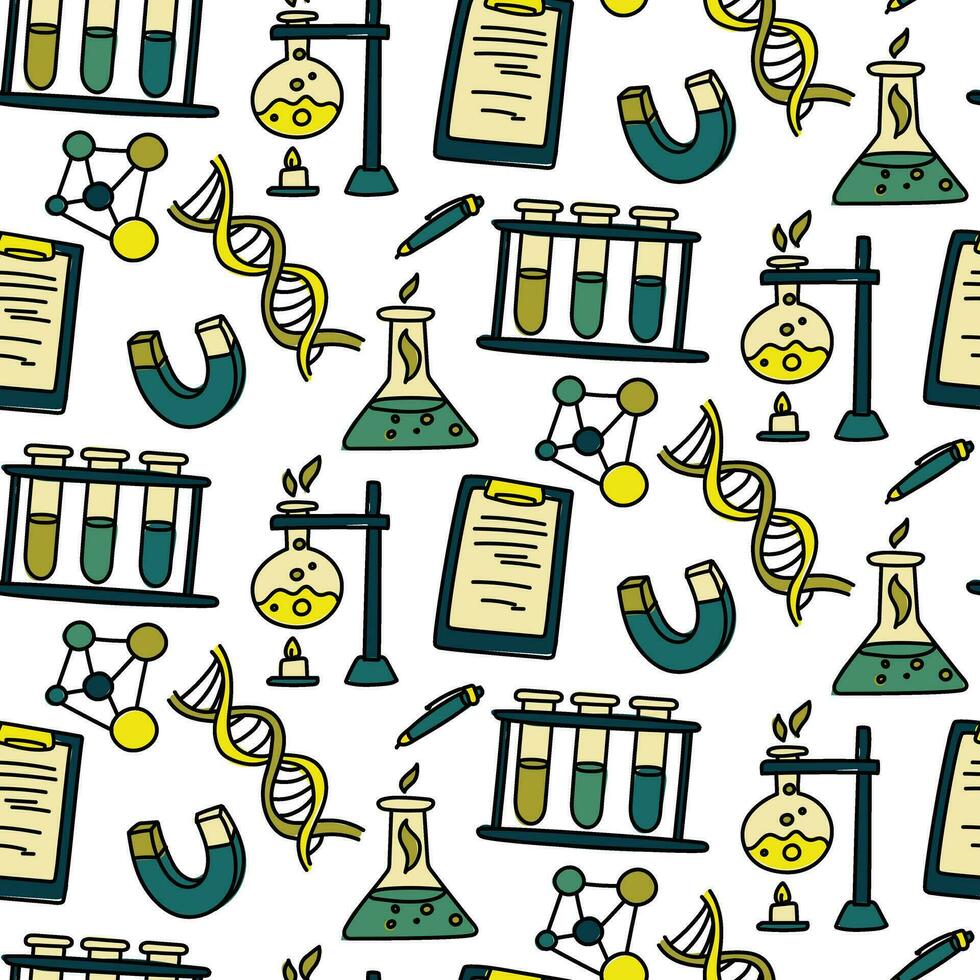 Seamless pattern with badges in the field of natural sciences chemistry, biology, physics, laboratories demonstrating various experiments, glassware, dna, Magnifier, handle, record vector