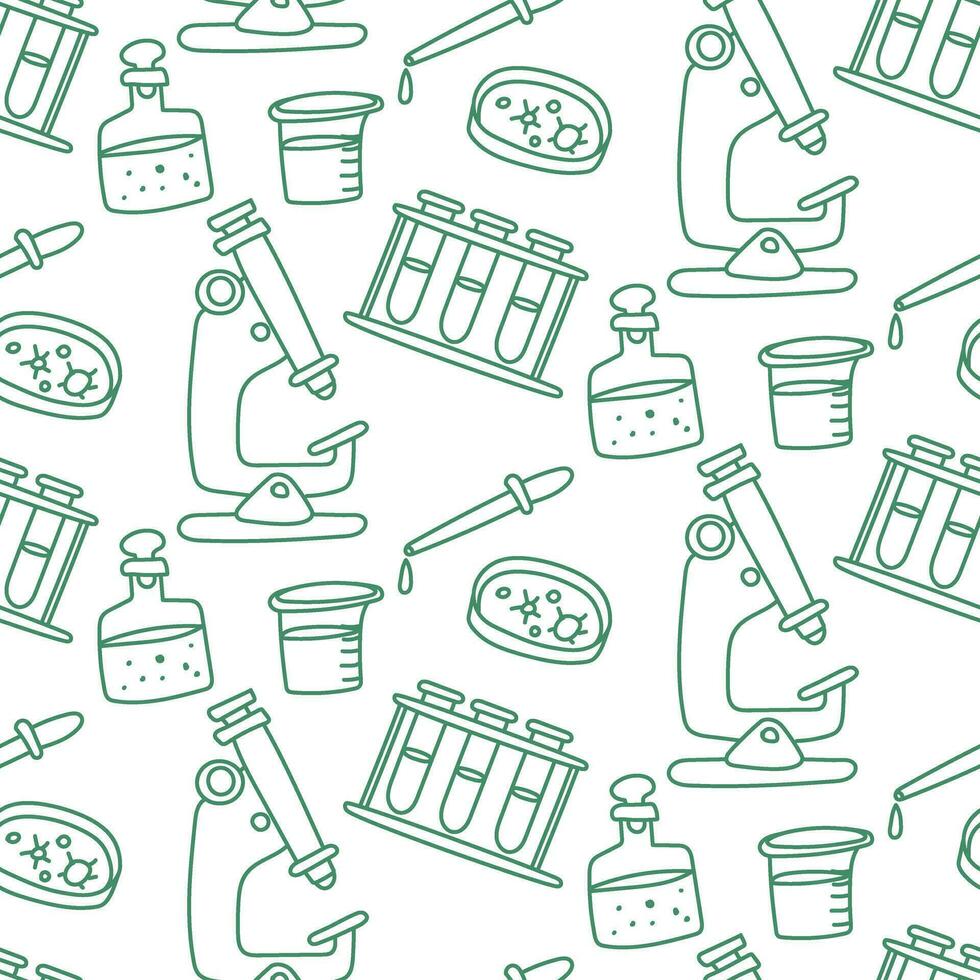 Pattern doodle science biology. Texture for biology. Back to school, biology lesson. Subjects for the lesson test tube, microscope, pipette, liquid on a white background vector
