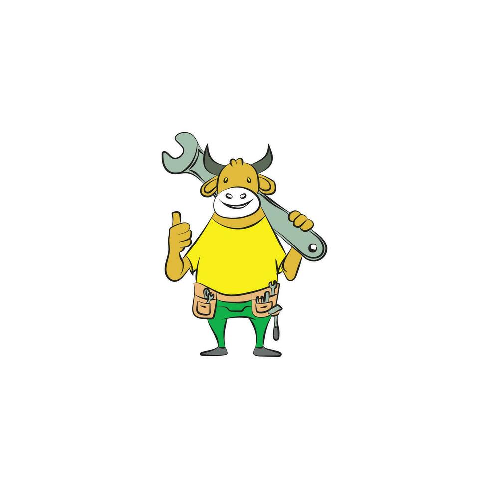 Cow mascot is carrying a wrench showing his thumb vector