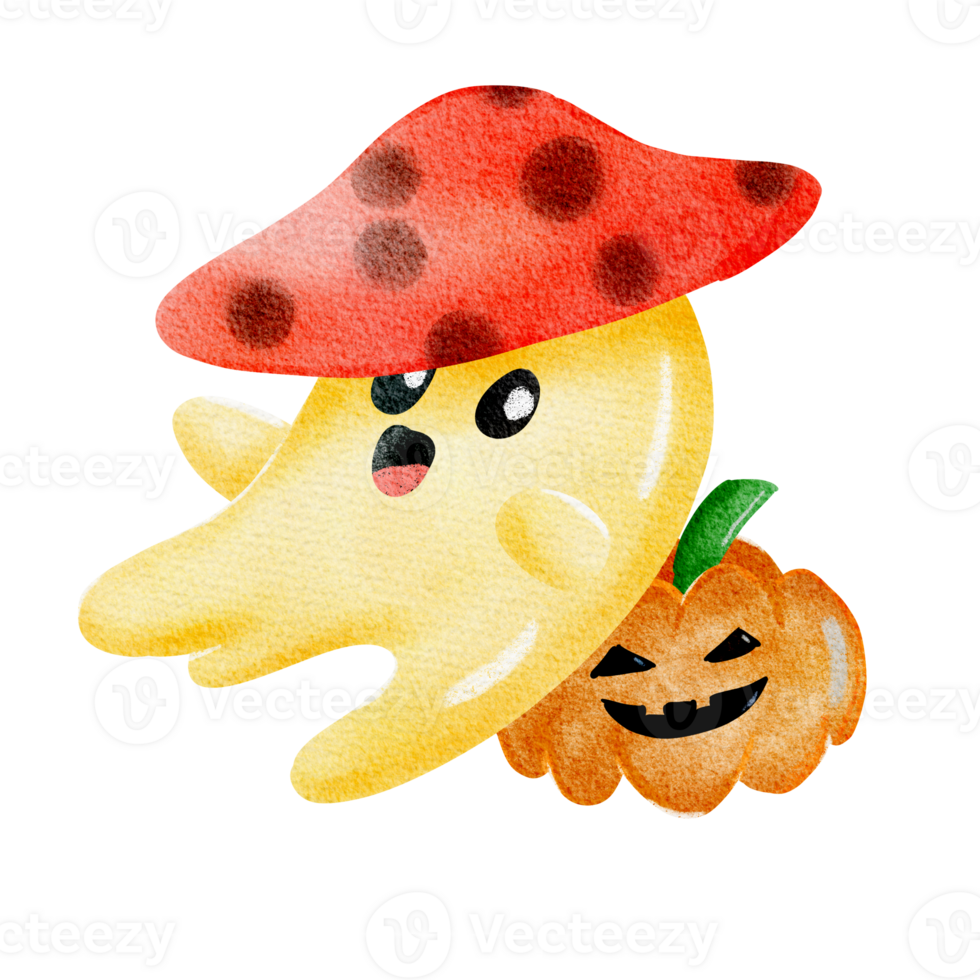 Cute halloween ghost wearing mushroom hat and the pumpkin png