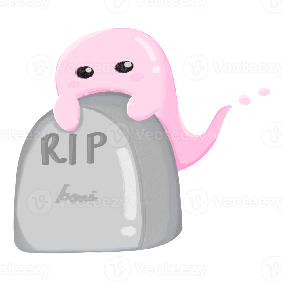 Cute pink ghost on the tomb stone png
